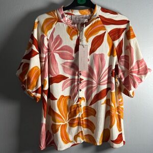 White Closet Elements Floral Mandarin Collar Top Tropical Linen Blend M